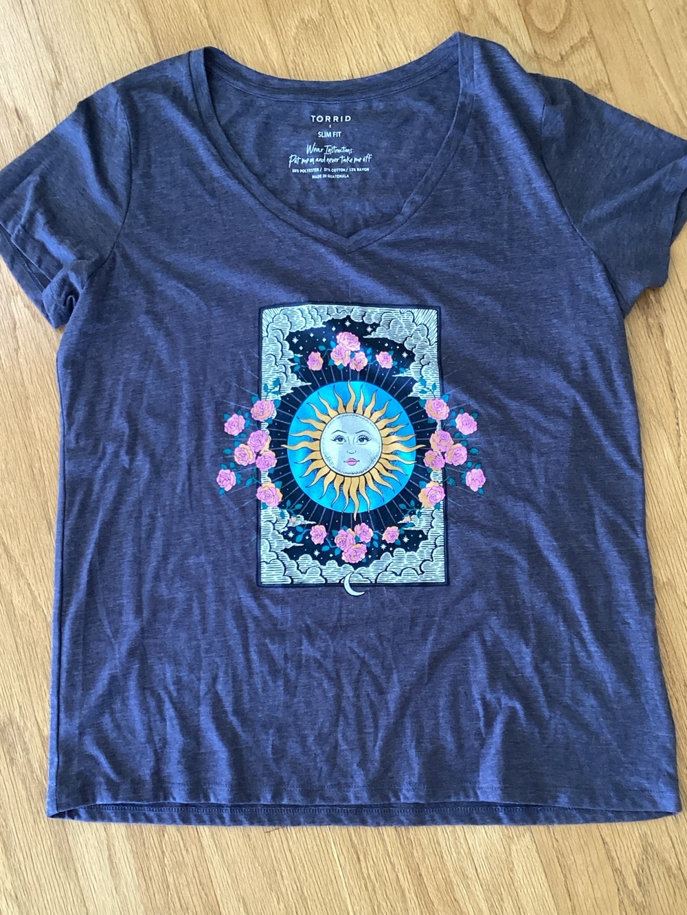 Torrid grey Graphic Sun V-Neck Tee with Pink Floral Accents